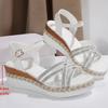 Fashion Fashion Crystal Wedge Heeled Sandals Women Summer Cross Straps White Sandles Woman Ankle Buckle Gladiator Sandalias Plus Size 43