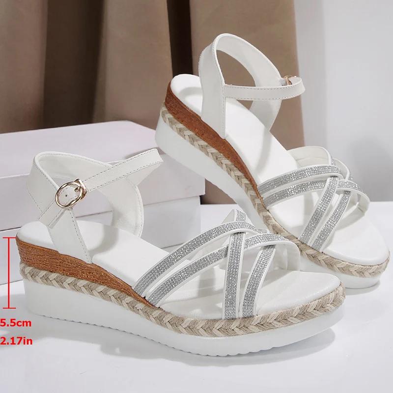 Fashion Fashion Crystal Wedge Heeled Sandals Women Summer Cross Straps White Sandles Woman Ankle Buckle Gladiator Sandalias Plus Size 43