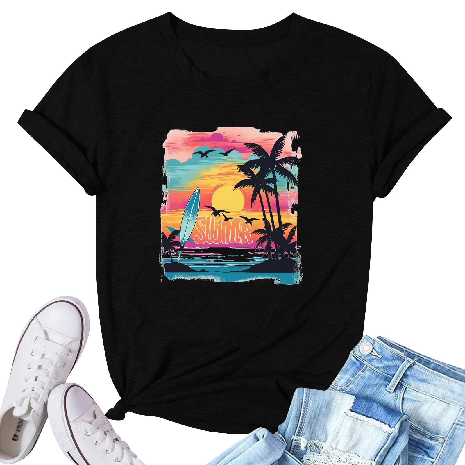 Women s Fashion Printed Casual Pleated Round Short Sleeve T-Shirt Top S чёрный