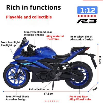 Scale 1:12 R3 V-REX Motorcycle Model Toy Car Metal Body Rubber Tires Linkage Steering Motor Models Children's Hobby Toys