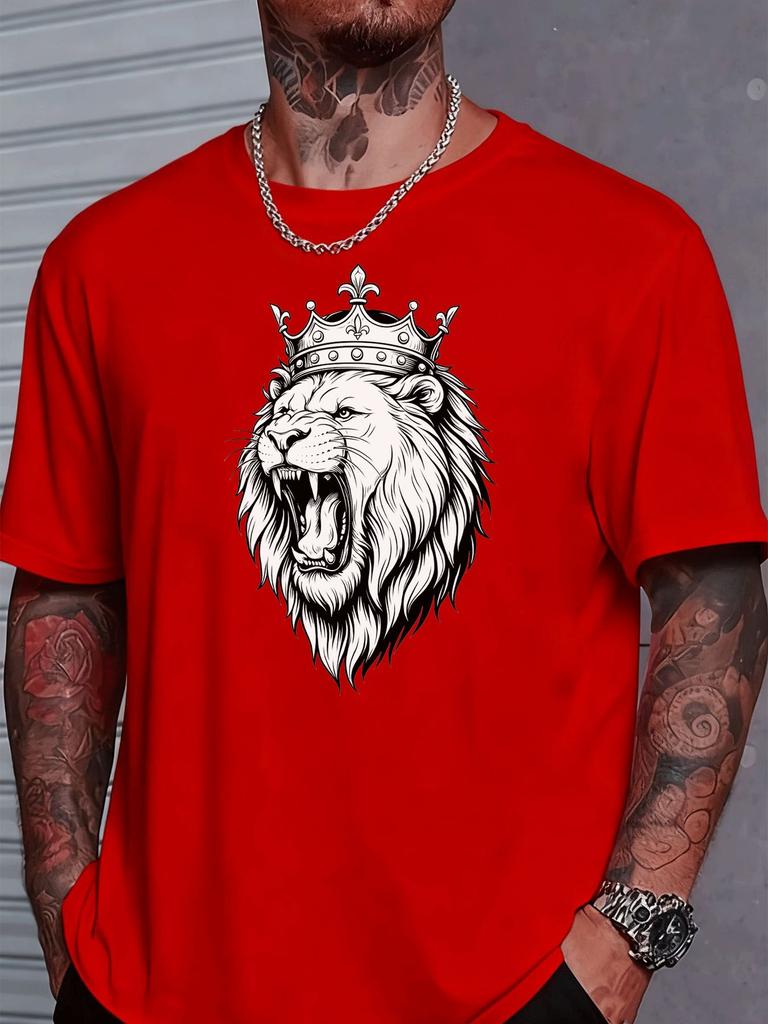 Unisexs Summer Tee Crown Lion King Sketch Print Short Sleeve Soft Street Top for Trendy Powerful Male Daily Fashion Wear Tops