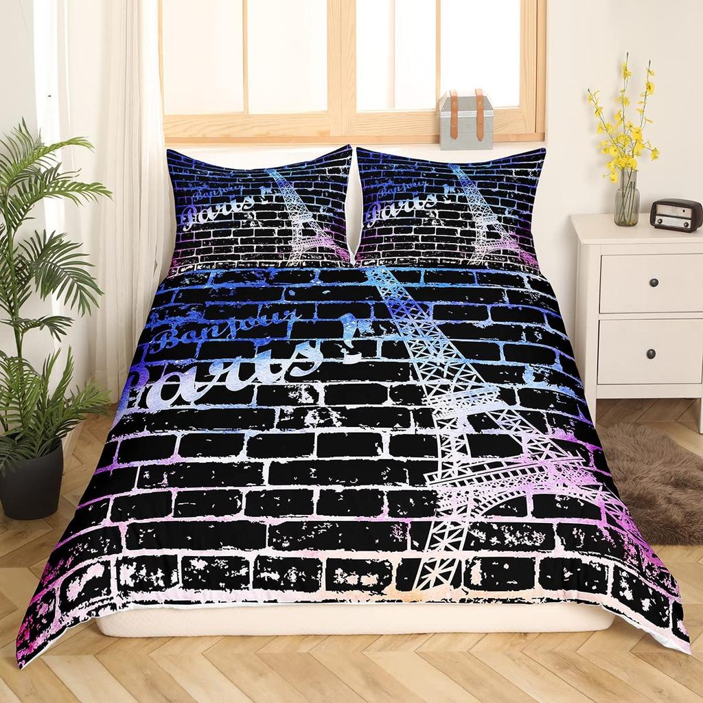 Eiffel Tower Duvet Cover Set King Size Paris Tower Bedding Set For Boy Girl Polyester Paris Cityscape Wooden Texture Quilt Cover