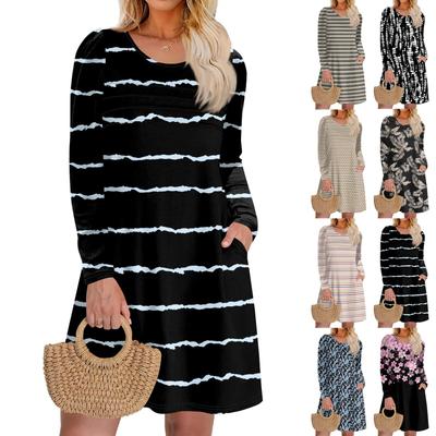 Women's Long Sleeve Dress Fall Casual T Shirt Loose Fit Pleated Front Dresses With Pockets