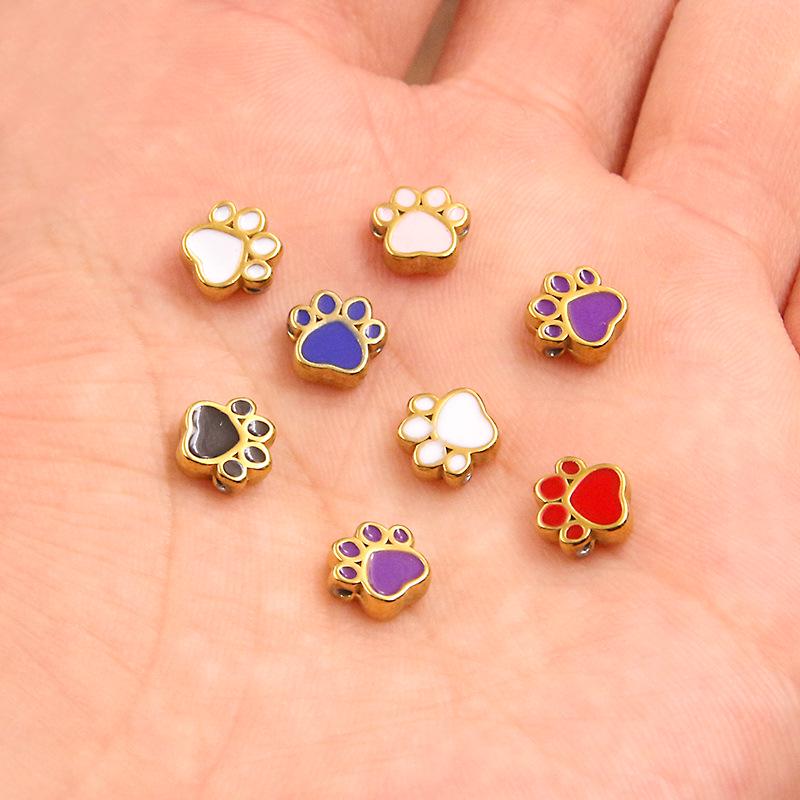 7x7mm Colorful Enamel Animal Paw Print Stainless Steel Spacer Beads for DIY Jewelry