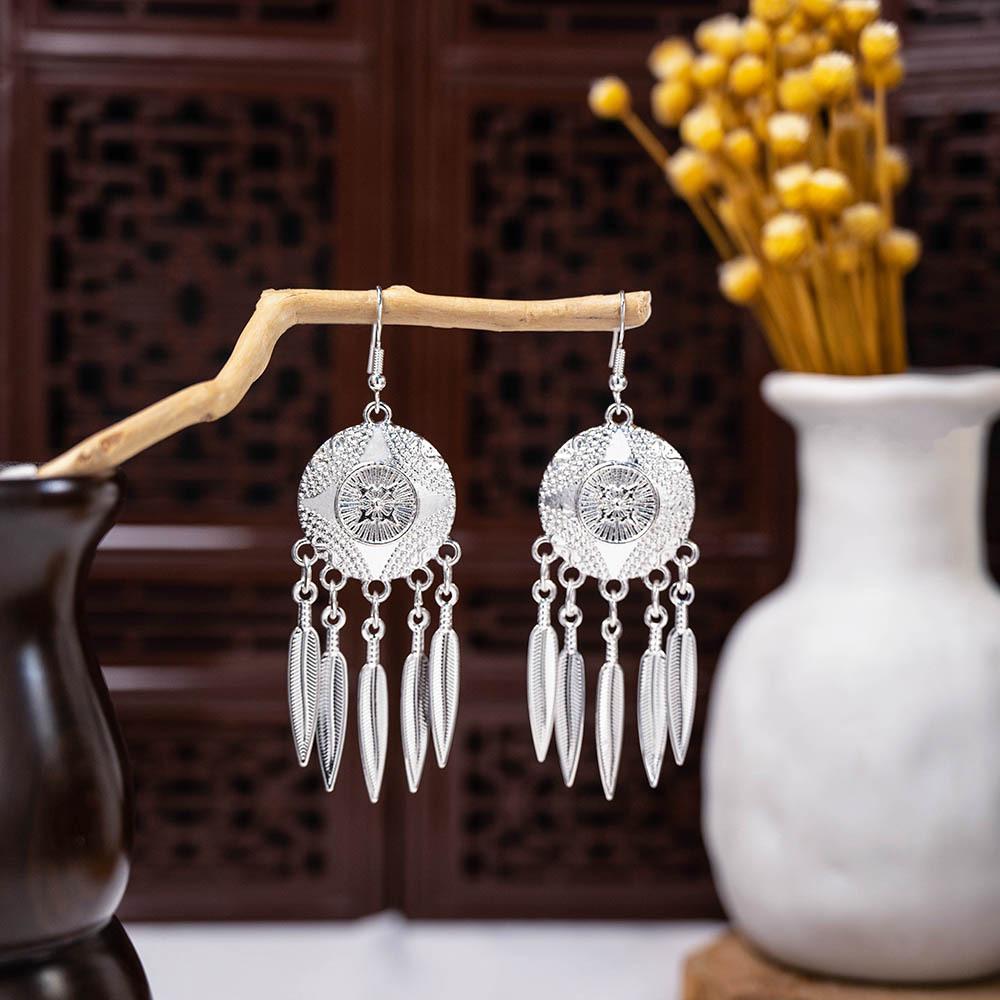 Ethnic Miao Silver Style Long Tassel Earrings with Ancient Scenic Stud Design for Women