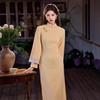 1011 autumn new cheongsam high-end national style yellow women's cheongsam cuffs heavy industry embroidery improved long cheongsam