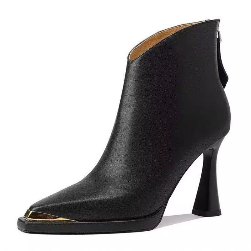 Fashion 2025 Versatile French Metal Pointed Toe Booties Women's Fall/Winter New High Heel Block Heel Skinny Boots