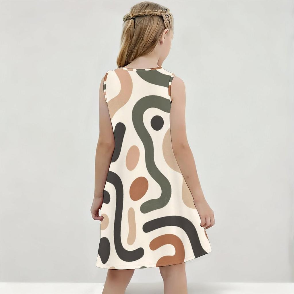 Girls Sleeveless Round Neck Black White Gray Geometric Printed A Line Flared Dress