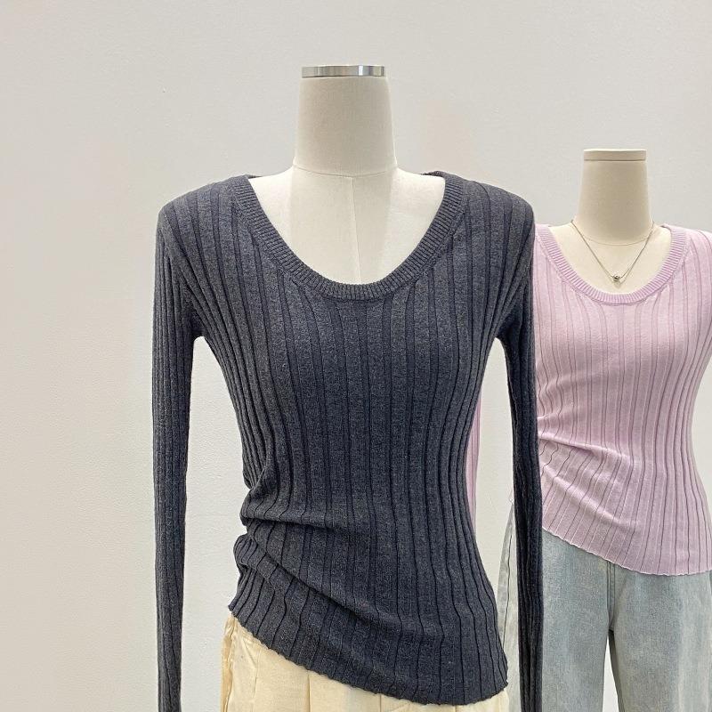

Женская трикотажная базовая рубашка с полосками на шее, плечах и подмышках, весенняя, облегающая, милая и пикантная, внутренний свитер, простой топ L серый