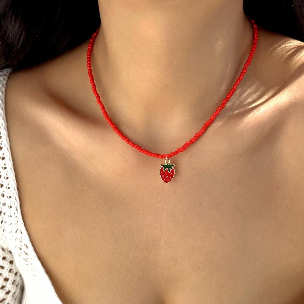 Bohemia Cute Strawberry Starfish Cherry Pendant White Rice Bead Beaded Necklace for Women Summer Sweet Collar Chain Jewelry Gift