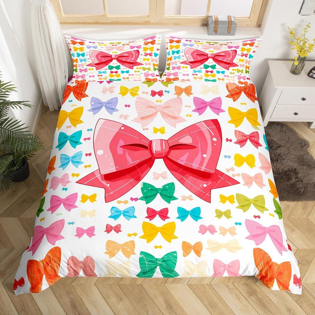 Simple Bow Knot Duvet Cover Twin SizeCartoon Kawaii Bedding SetCute Bows Ribbon Printed Comforter Cover for Girl Women Bedroom