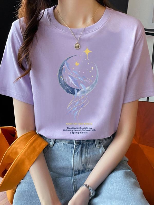 Pure Cotton Loose Short-sleeved T-shirt Women's Summer Wear New Beautiful Top Design Sense Moon Print Women's Crew Neck Spring and Autumn