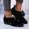 Fashion 2025 Hot Sale Slip On Women's High Heels Round Toe Wedge Bow Tie Bling Pumps Plus Size Fashion Comfortable Office & Career Shoes