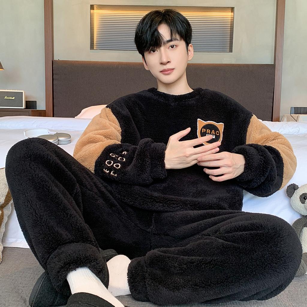 Winter, Coral Fleece, Pajamas, Men's Clothing, Thickened Fleece, Round Neck, Long Sleeved Pants, Suits, Home Clothes
