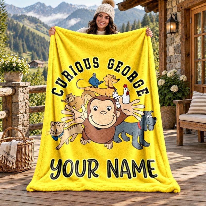 Curioso George Custom Name Flannel Blanket Personalized Soft Warm Plush Throw Blanket Customized Gift for Family Friends