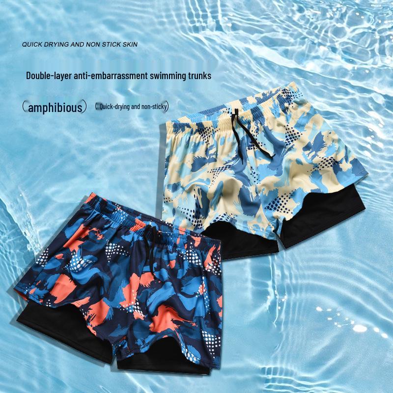 Men's Quick-Drying Double-Layer Printed Swim Trunks - Large, Loose Fit, Anti-Embarrassment, Professional Swimsuit