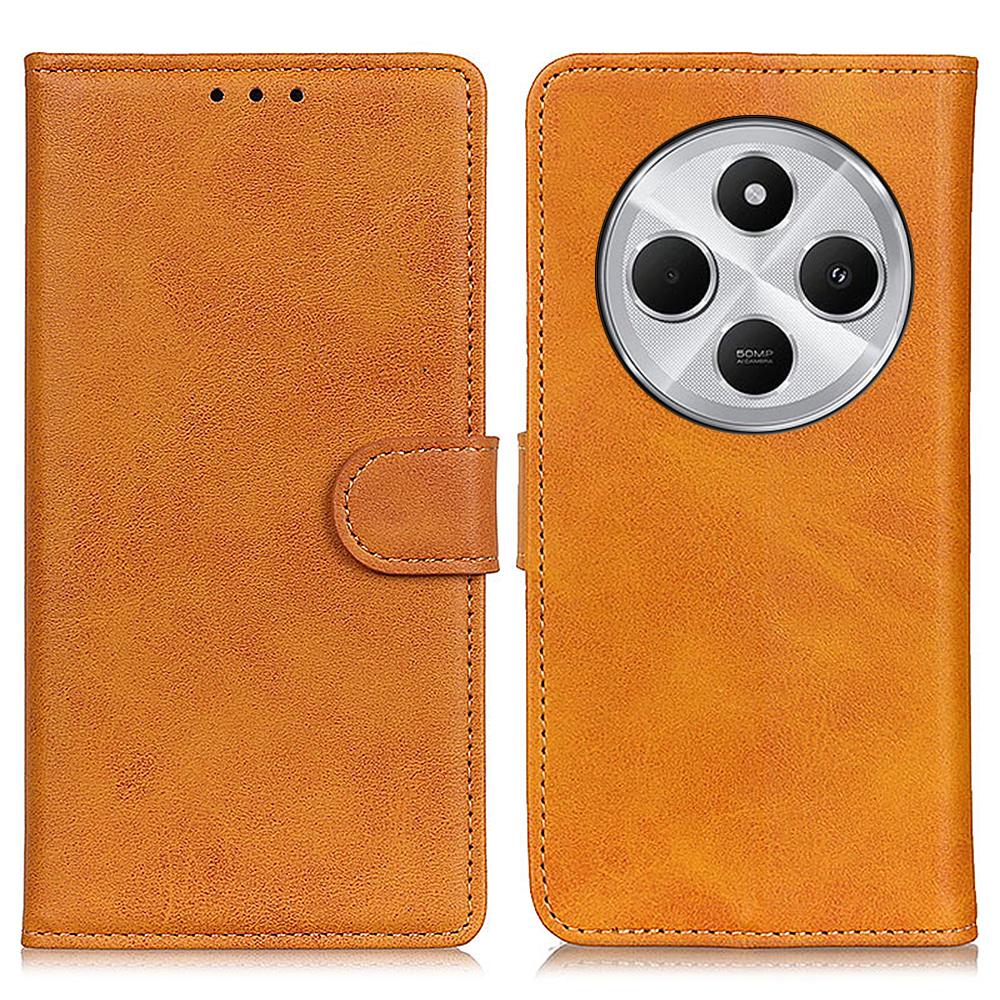 

For Xiaomi Poco C75 4G/Redmi 14R 5G/14C 4G Stand Wallet Case Cowhide Texture Leather Phone Cover Brown