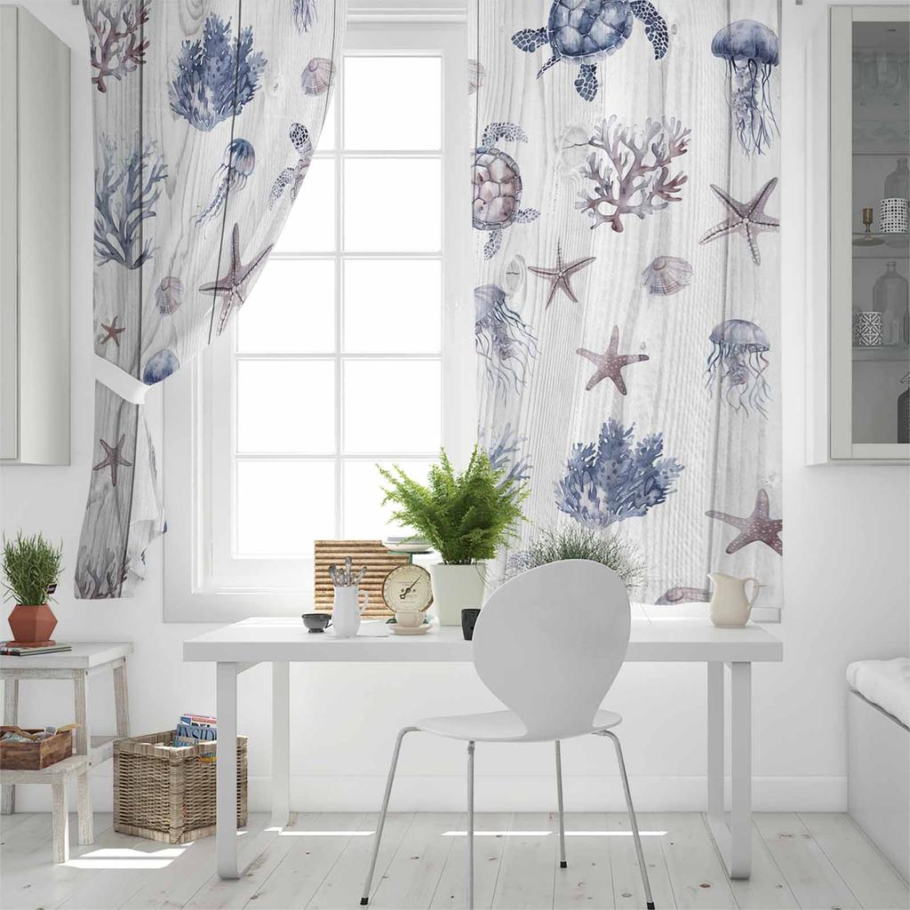 Marine Creatures Turtles Starfish Corals  Jellyfish Blackout Curtains For Living Room Bedroom Window Treatment Drapes Home Decor