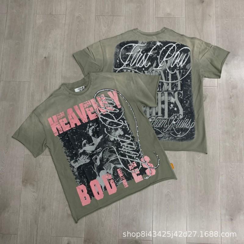 Unisex Oversized Box Fit Cotton Tee With Embroidered Rhinestone Washed Print Round Neck Short Sleeve Casual Top