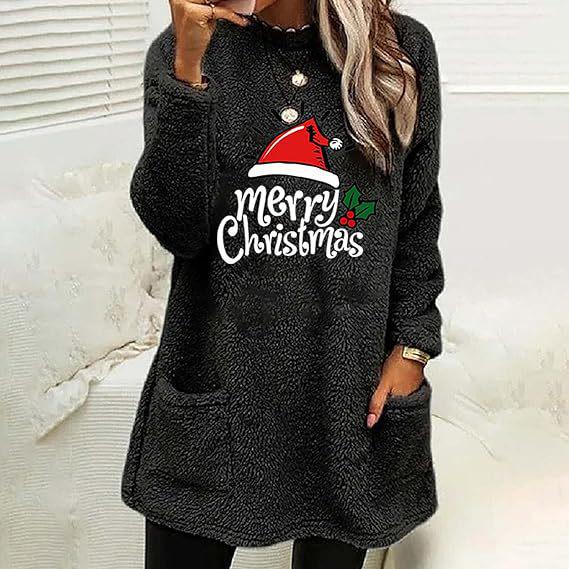 Autumn/Winter Women's Christmas Letter Print Round Neck Pocket Long Sleeve Plush Hoodie