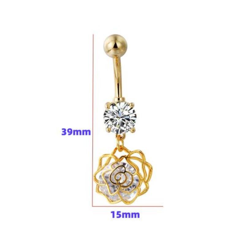 Rhinestone Navel Ring Rose Flower Belly Women Sexy Bar Piercing Body Jewelry