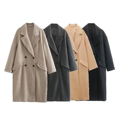 Winter New Product Women's Fashion and Casual Versatile Flip Collar Double Breasted Button Long Woolen Coat Coat Co