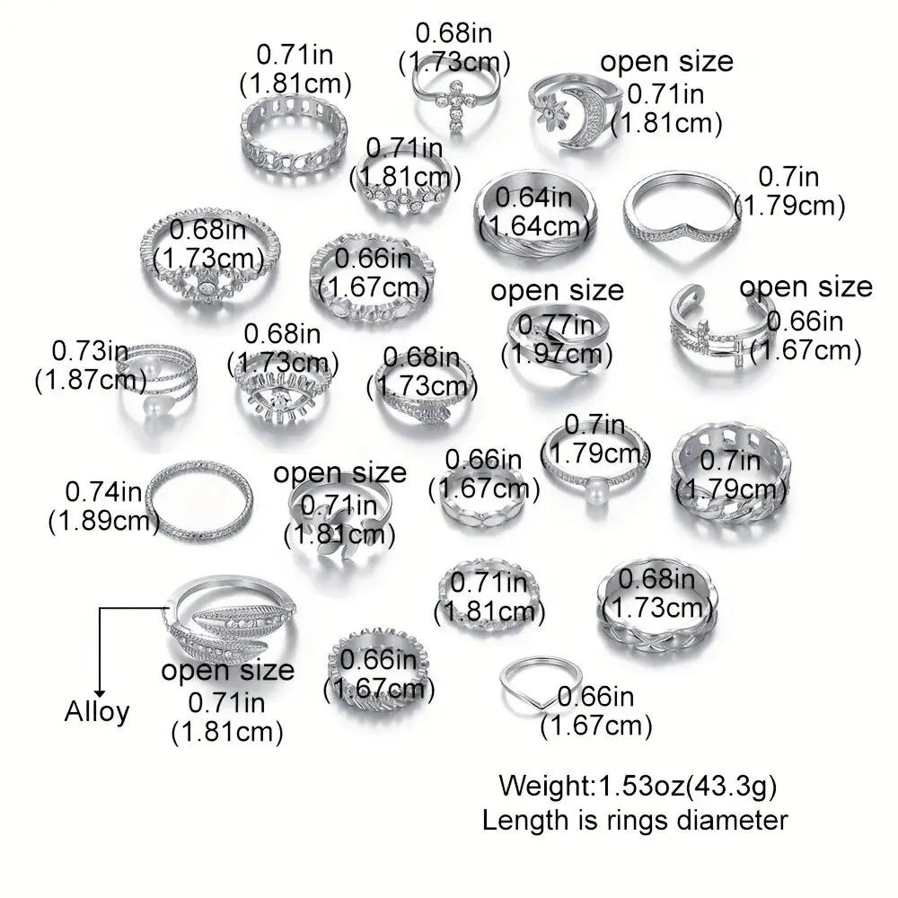23pcs Fashion Silver Color Pearl Rings Set For Women Cross Butterfly Leaf Evil Eye Patterns Mix And Match Daily Outfits Jewelry