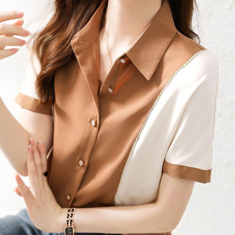 Office Lady Stylish Contrasting Colors Patchwork Shirt Summer Elegant Single-breasted Women's Clothing Turn-down Collar Blouse
