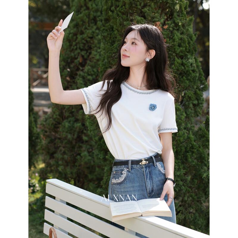 Luxiangnan Women s 3D Floral V-Neck T-Shirt M