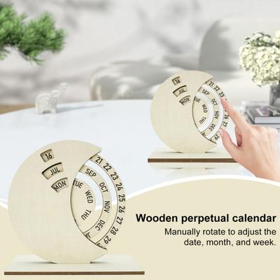 Wooden Rotating Circular Perpetual Calendar Manual Rotatable Disc Calendar Desk Decor for Home Office School