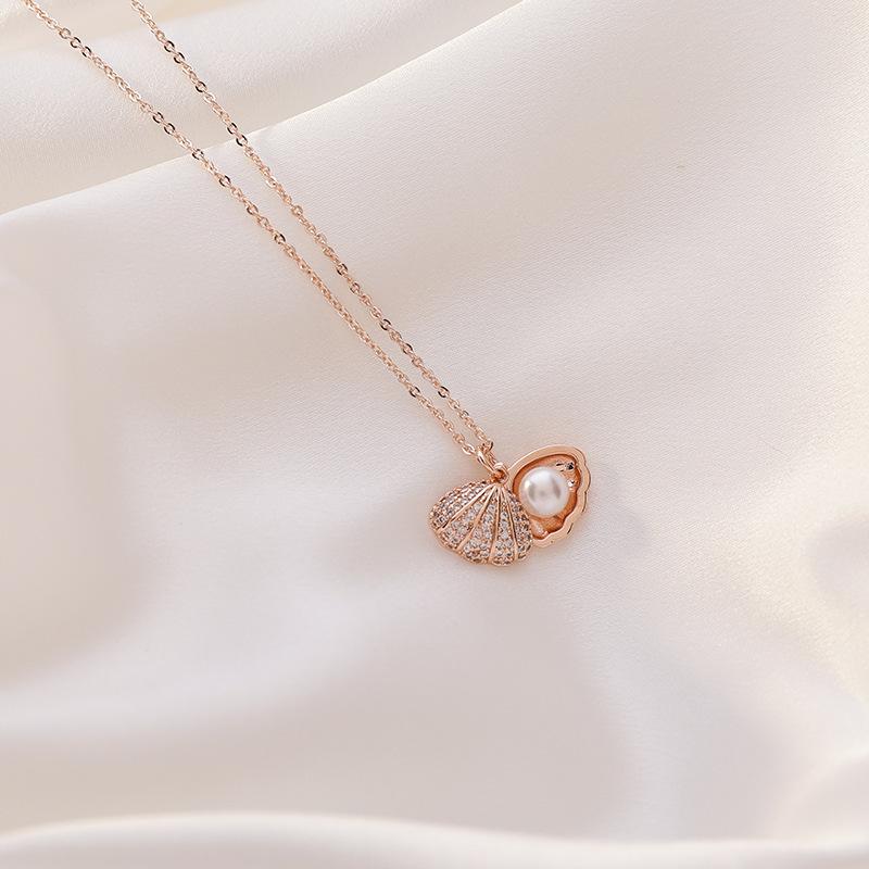 Korean Sweet Zircon Inlaid Open Pearl Shell Pendant Women Necklace Female Stainless Steel Party Jewelry Ladies Neck Chain