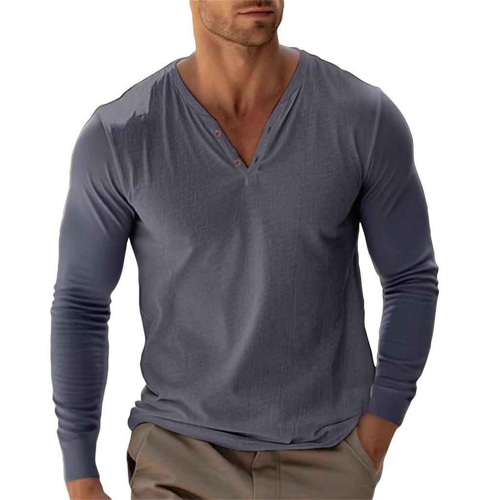 Men's Solid Color Cotton Linen Button Collar Long Sleeve Top Men's Sports Large Size Casual Top