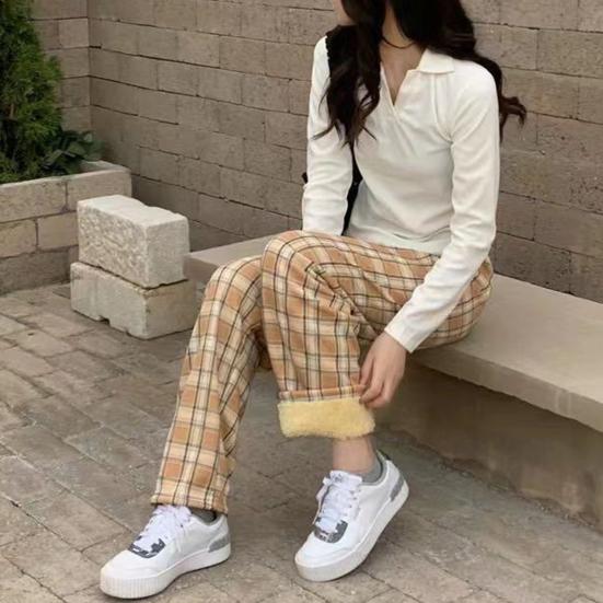 Dámské kalhoty elastický vysoký pas rovný široký kostkovaný potisk Zimní dlouhé kalhoty zesílená sametová podšívka teplé kalhoty