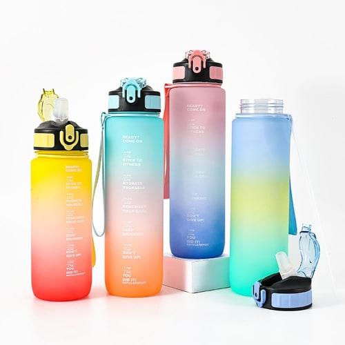 1000ml Water Bottle, Direct Drinking, Straw Bottle with Carry Handle, Large Capacity, One-Touch Gradient, Time Marker, Scale, Stylish, Lightweight, Co