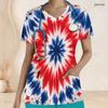 Women Plus Size V Neck Short Sleeve Scrub Top Spiral Tie Dye Patriotic Red White Blue Print Nurse Uniform Top