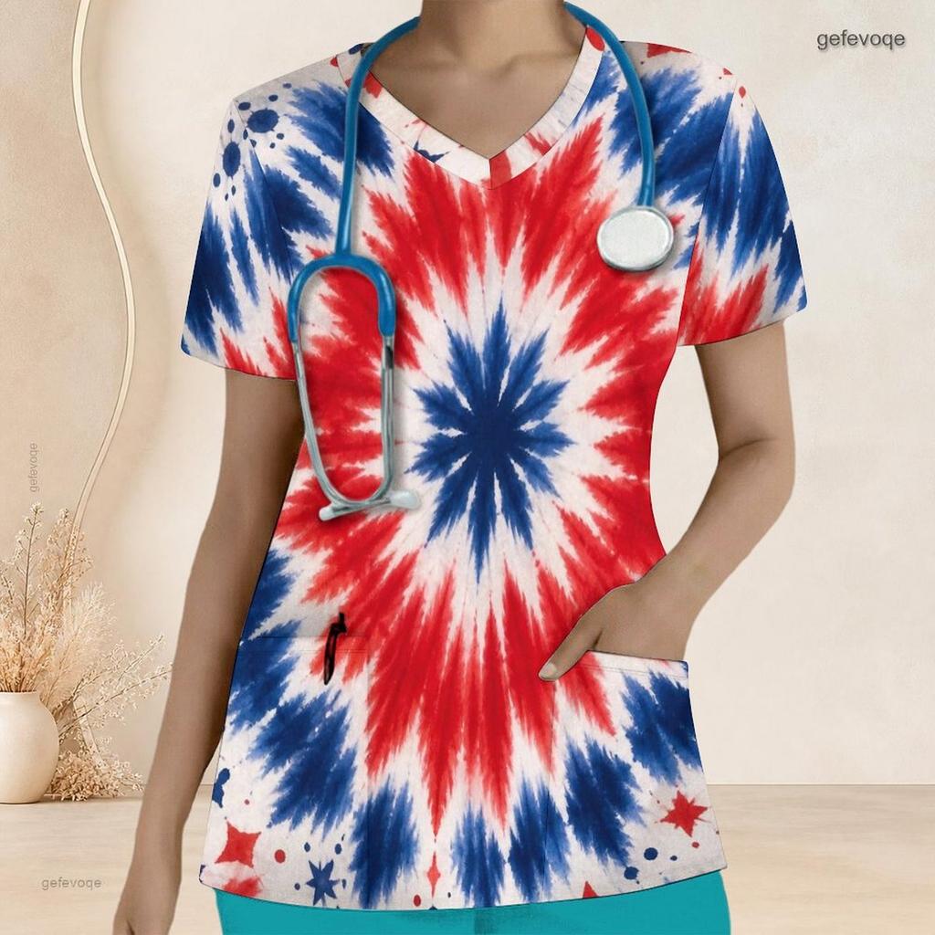 Women Plus Size V Neck Short Sleeve Scrub Top Spiral Tie Dye Patriotic Red White Blue Print Nurse Uniform Top