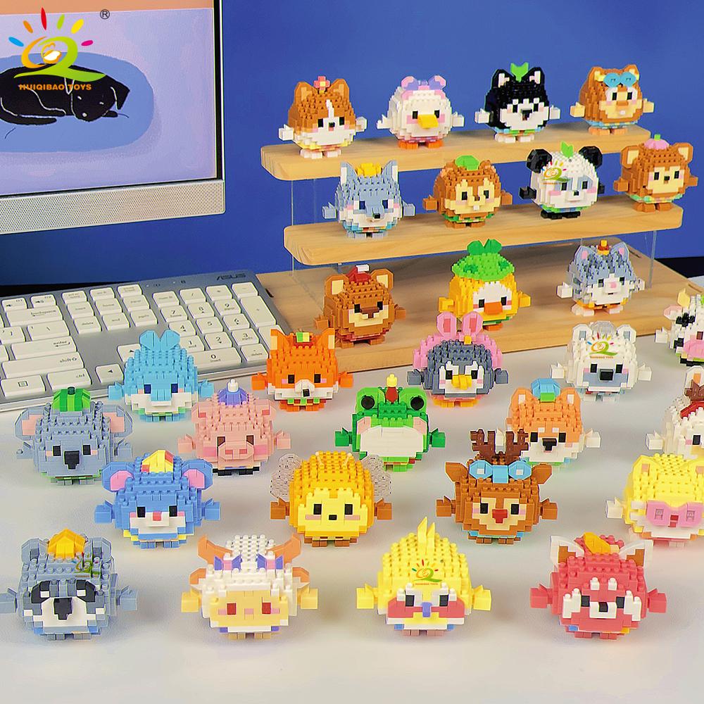 HUIQIBAO Mini Cute Animal Micro Building Blocks 3D Diamond BEE Cat Panda Model Bricks DIY City Construction Toys for Children
