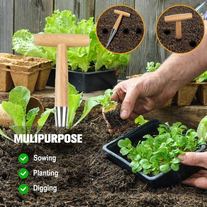 Plantoir à bulbes manche T bois & embout inox anticorrosion - outil jardinage