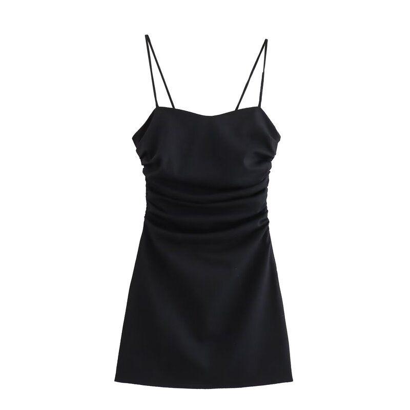 Fashion Style 2024 Summer New Arrival Women's Sling Open Back Linen Blended Mini Ruched Dress 3196729