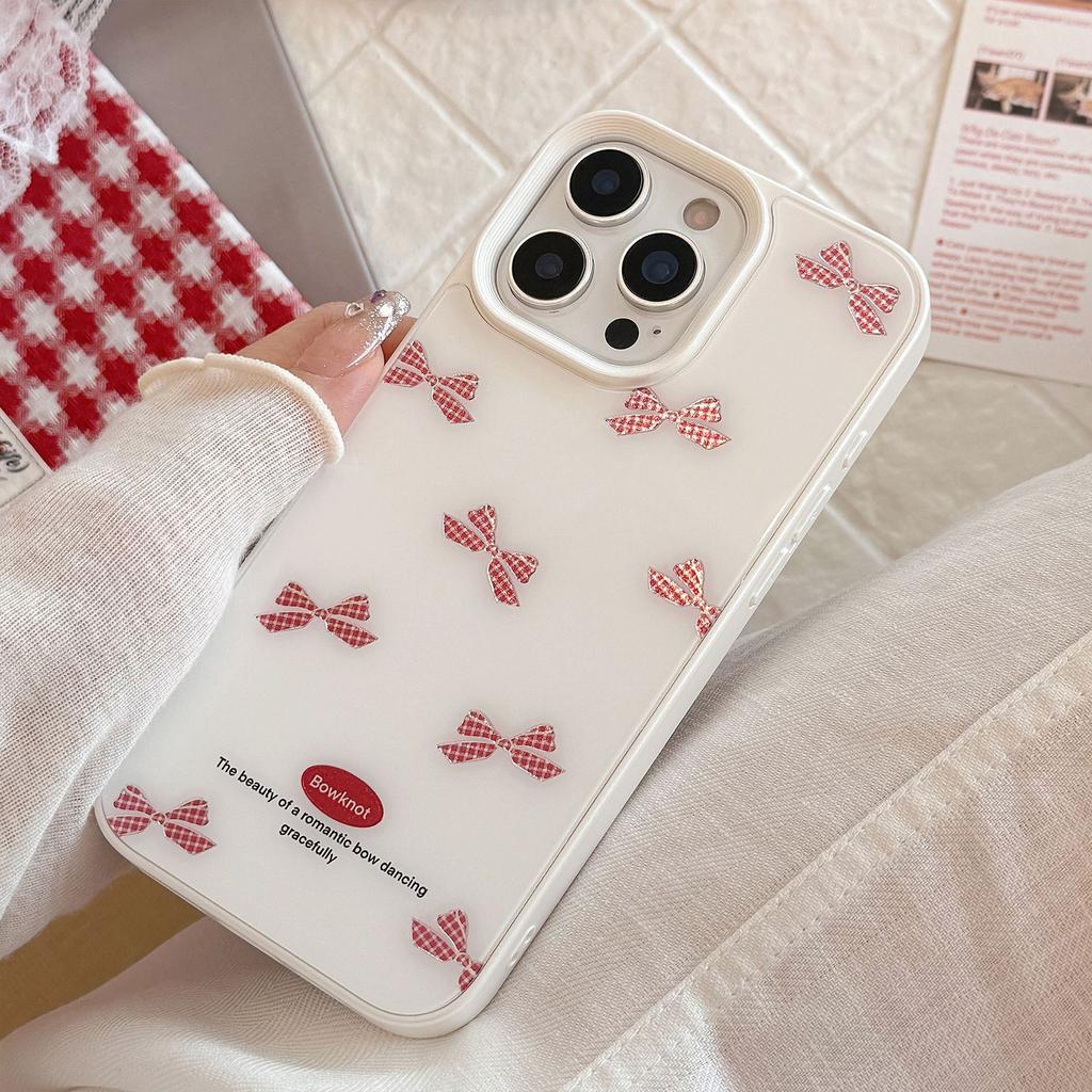 Gilded Red Checkered Bow IPhone 17 Case, Compatible with Apple 14, 16 Pro Max, Hard Glass, Sweet Design