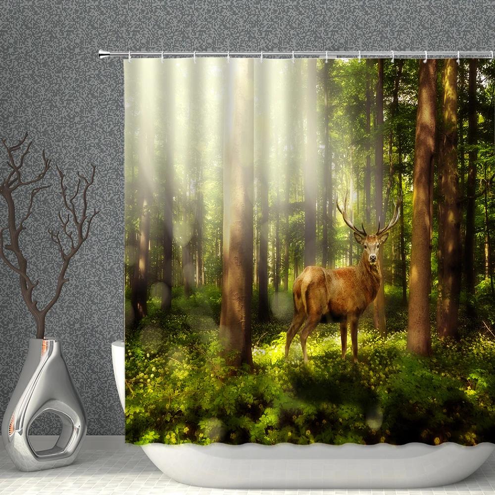 Animals Landscape Shower Curtain Set Wild Elk Forest Trees Green Plants Grassland Home bathroom Decor Hanging curtains Washable