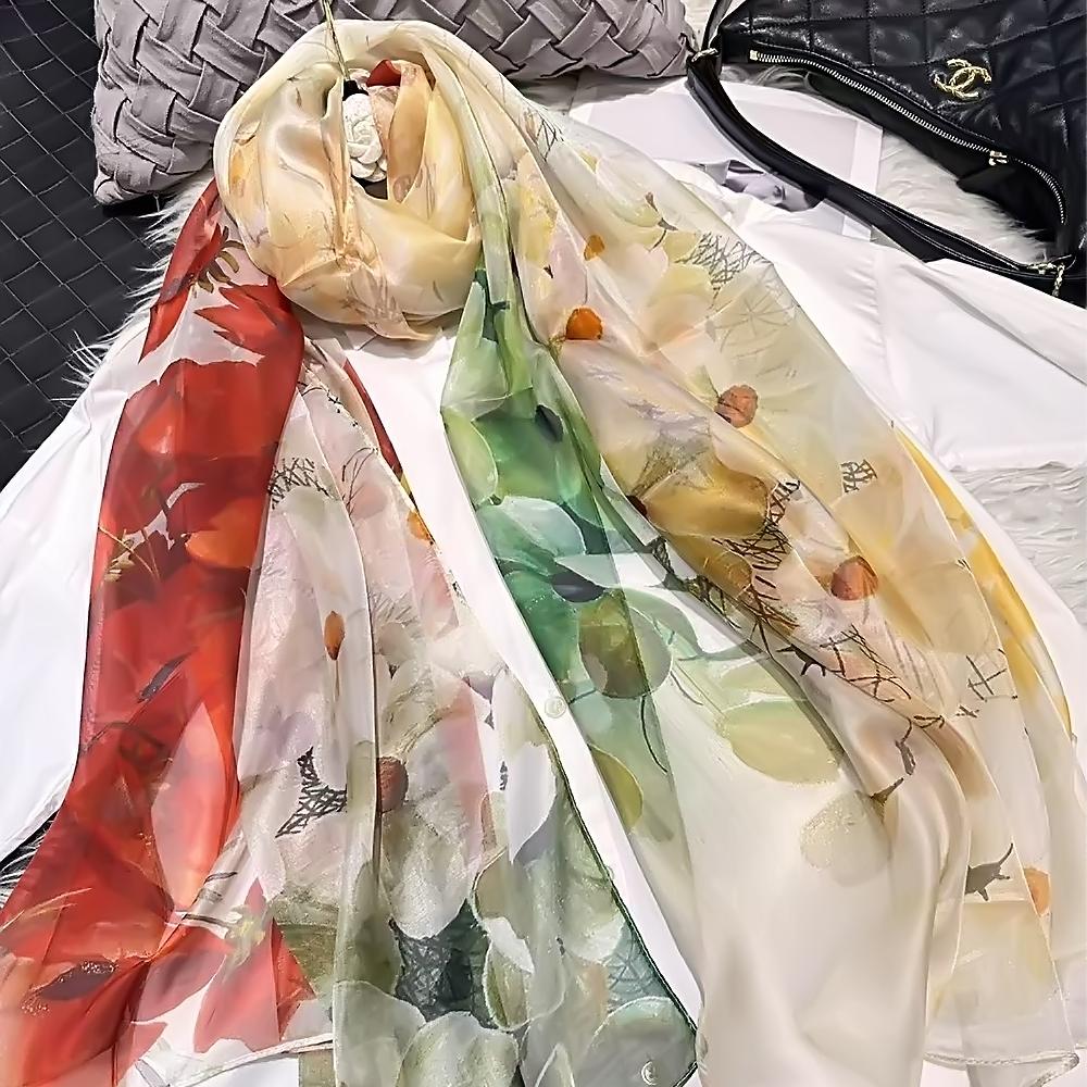 Blue Green 100% Silk Shawl Scarf Women Fashion New Floral Design Long Scarves Wraps Summer Chiffon Beach Scarf Wrap 180*110Cm
