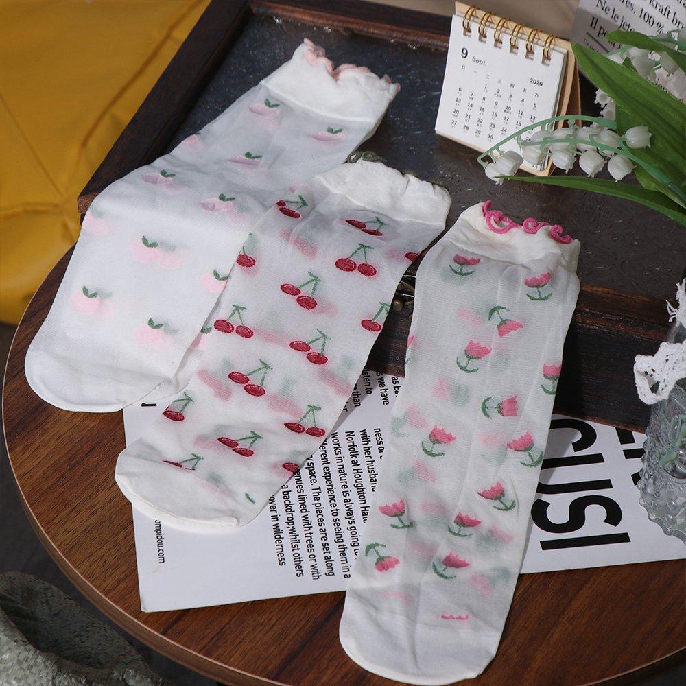 Cherry Strawberry Glass Silk Ruffle Socks Avocado Fruit Mesh Tulle Mid Tube Socks  Girl
