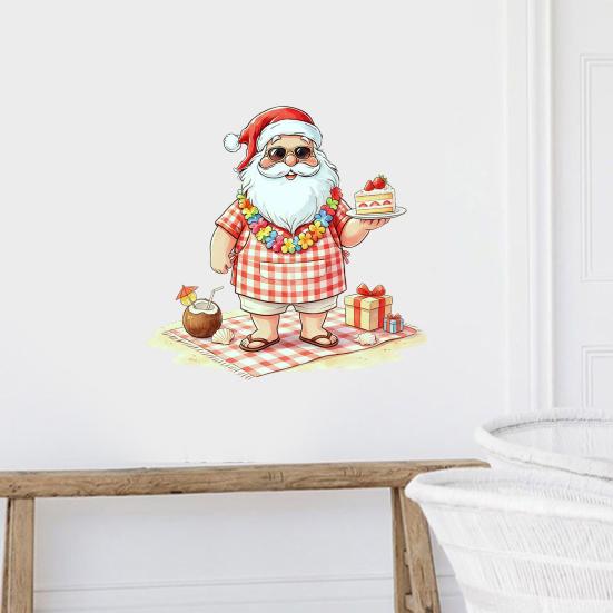 Summer Christmas Stickers Picnic Santa Claus Wall Sticker, Waterproof PVC Plaid Decal Mural Decals with Cake Design, Removable Art Decor for