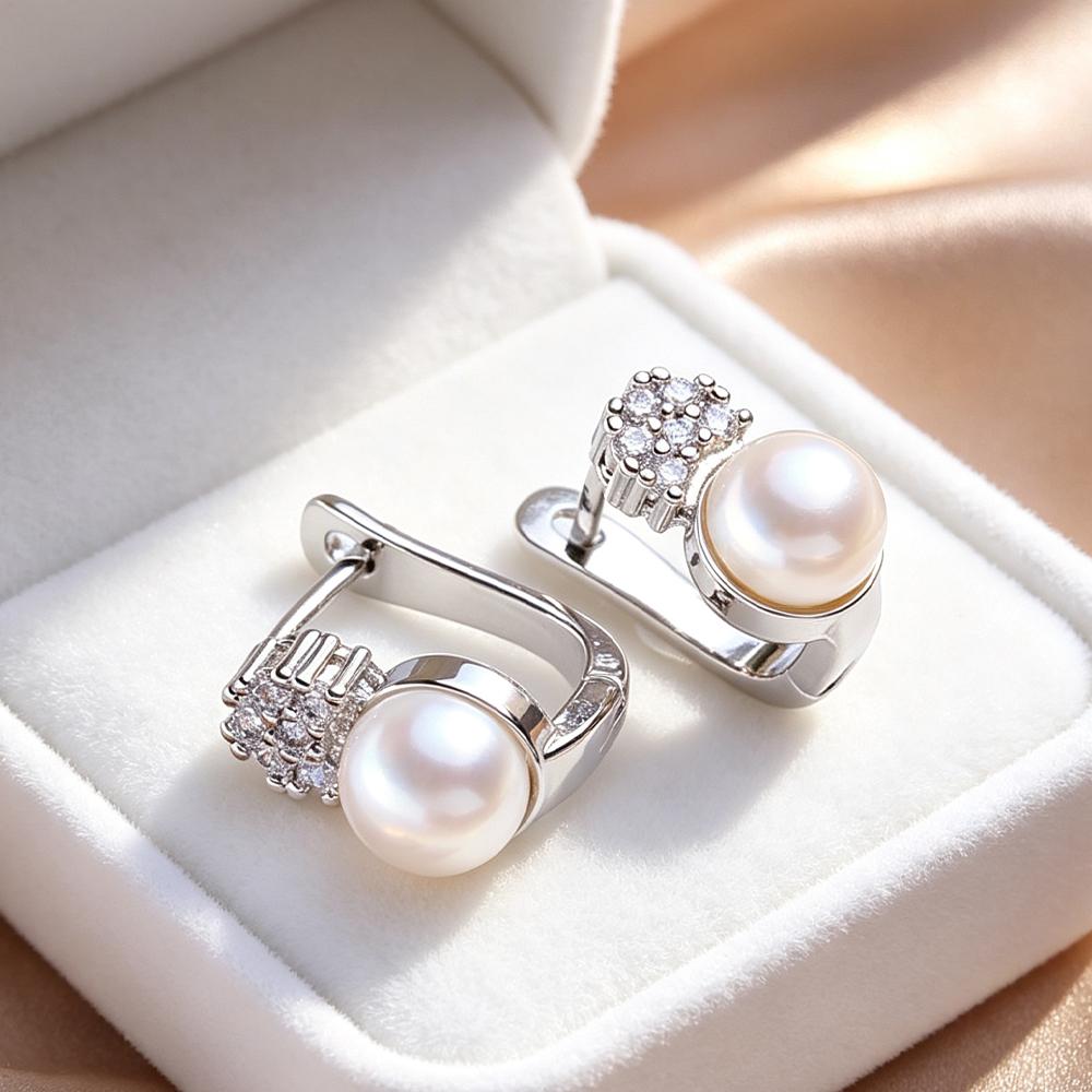 FENASY Natural Freshwater Pearl Earrings Silver Color Fashion Cubic Zirconia Clip Earrings for Women Birthday Gifts
