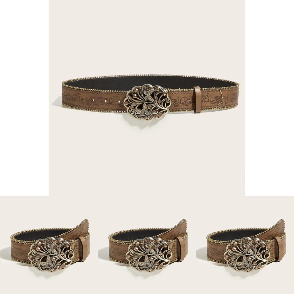 Vintage Punk Pu Leather Belt With With Butterfly Design And Rhinestone Decor For Teen Casual Wear