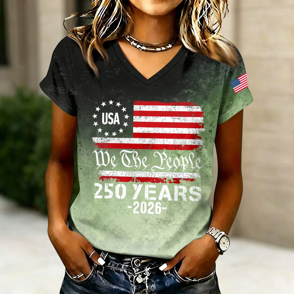 Women's V-Neck Short Sleeve T-Shirt - Anniversary 1776-2026 Letter Print, Casual Summer Top Tee