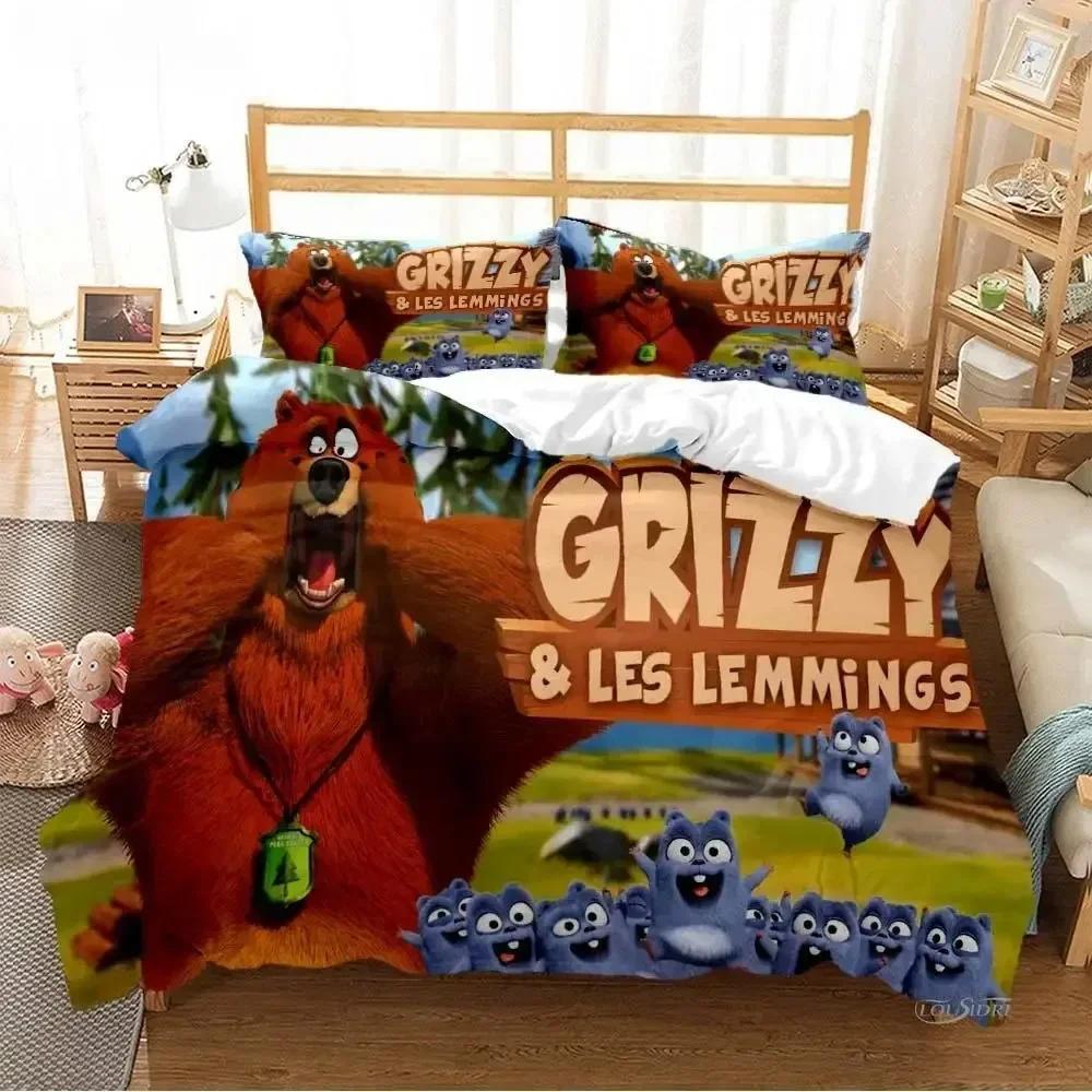 Grizzly & Die Lemminge Cartoon Anime Gedrucktes Bettset Bettbezug Kissenbezug Bettwäscheset Leinenlaken Bettdecke Volle Bettgröße