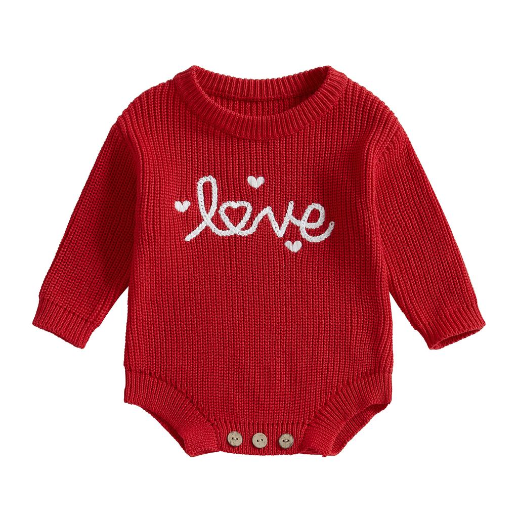 Baby Girl Valentine 's Day Romper Long Sleeve Round Neck Letter Embroidery Knit Bodysuit Newborn Outfit
