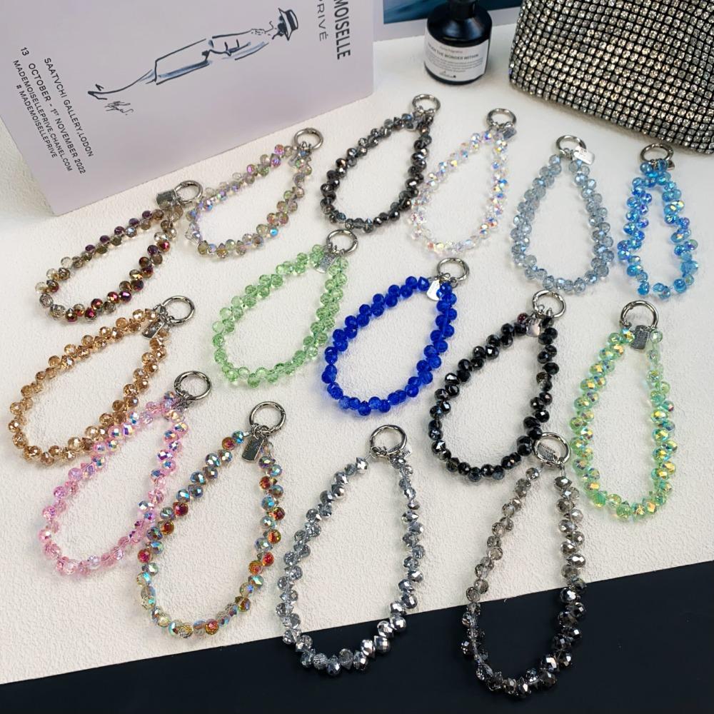 Glitter Crystal Bead Keychain Transparent Phone Lanyard Wrist Crystal Chain  for Women Girls